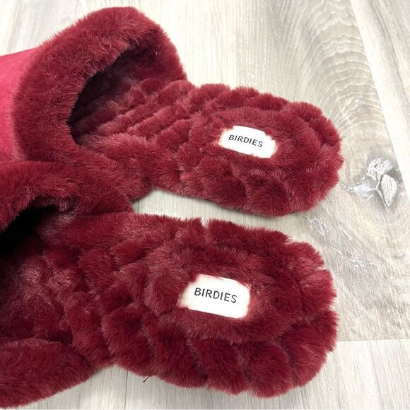 Birdies Slippers Women’s 7.5 The Songbird Merlot Ruby Red Suede & Fur Mule - Picture 3 of 6